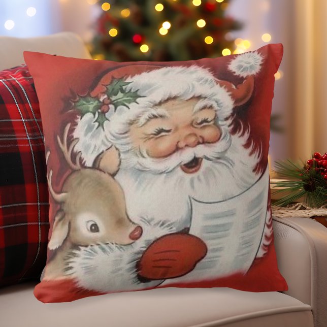  Jolly Santa met Baby Rudolf Kerstmis Kussen (Vintage Jolly Santa with Baby Rudolf Christmas Throw Pillow)