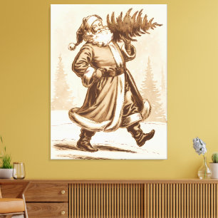 Jolly  Santa met een kerstboom Canvas Afdruk