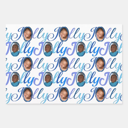 JOLLY Script Blue op White 4-fotokerstmis Inpakpapier Vel (Voorkant)