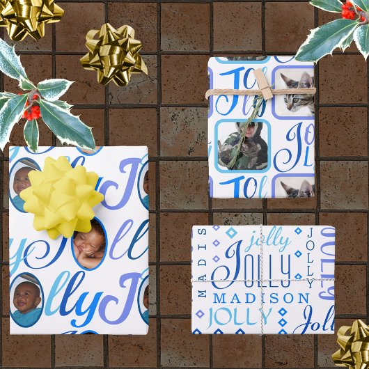 JOLLY Script Blue op White 4-fotokerstmis Inpakpapier Vel