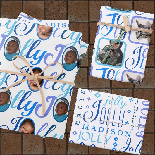 JOLLY Script Blue op White 4-fotokerstmis Inpakpapier Vel