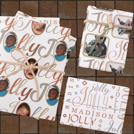 JOLLY Script Brown Tan op White 4 Fotokerstmis Inpakpapier Vel