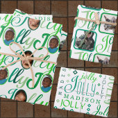 JOLLY Script Green op White 4-fotokerstmis Inpakpapier Vel