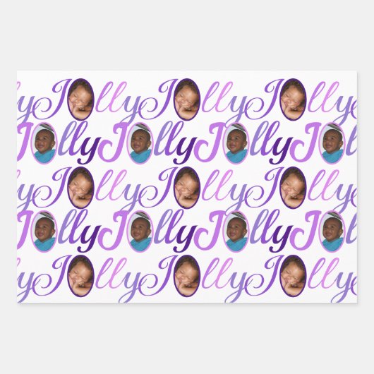 JOLLY Script Paars op White 4-fotokerstkaart Inpakpapier Vel (Voorkant)