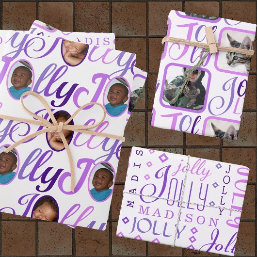 JOLLY Script Paars op White 4-fotokerstkaart Inpakpapier Vel