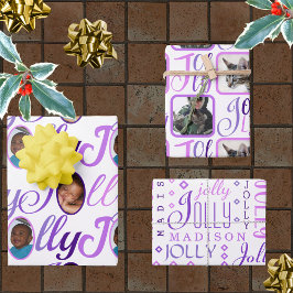 JOLLY Script Paars op White 4-fotokerstkaart Inpakpapier Vel