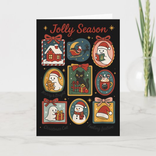 Jolly Season Ghost Cat Santa Christmas Frame Merry Kaart (Voorkant)
