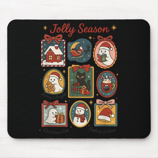 Jolly Season Ghost Cat Santa Christmas Frame Merry Muismat (Voorkant)