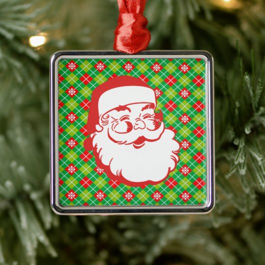 Jolly Sinterklaas op Rood en Groen Plaid Metalen Ornament (Boom)