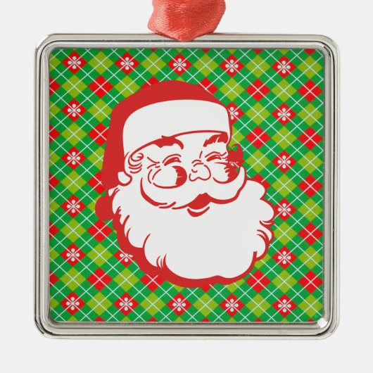 Jolly Sinterklaas op Rood en Groen Plaid Metalen Ornament (Voorkant)