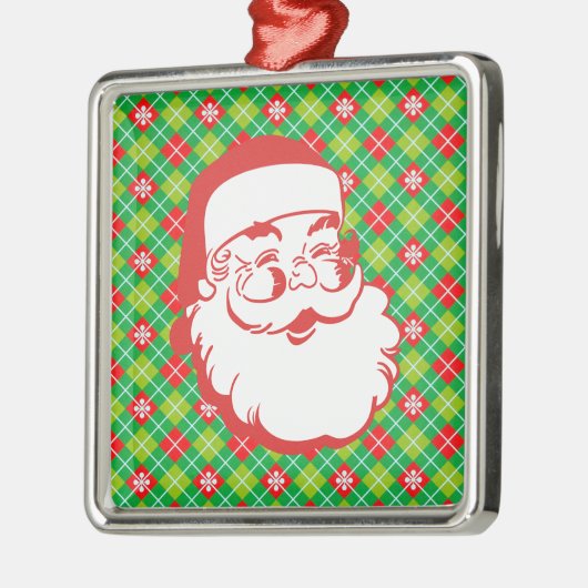 Jolly Sinterklaas op Rood en Groen Plaid Metalen Ornament (Links)