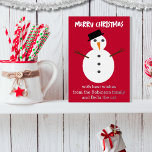 Jolly Sneeuwman Rode Schattigee Gepersonaliseerde  Folie Feestdagenkaart<br><div class="desc">Stuur feestelijke wensen naar vrienden en familie met deze sneeuwpop kerstkaart. De kerstgroetenkaart heeft een vrolijk sneeuwmanontwerp op een rode achtergrond. De tekst op de kaart wordt weergegeven in uw eigen keuze van gouden, zilveren of rozen gouden folie. Klik op 'Personaliseren' om uw eigen gekozen woorden toe te voegen aan...</div>