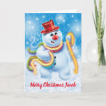 Jolly snowman custom Christmas card Feestdagen Kaart<br><div class="desc">A christelijke dancing tinselled snowperson. Customise the message with your own keus of name,  it's so easy to change the name and make someone's Christmas special.</div>