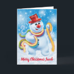Jolly snowman custom Christmas card Feestdagen Kaart<br><div class="desc">A christelijke dancing tinselled snowperson. Customise the message with your own keus of name,  it's so easy to change the name and make someone's Christmas special.</div>