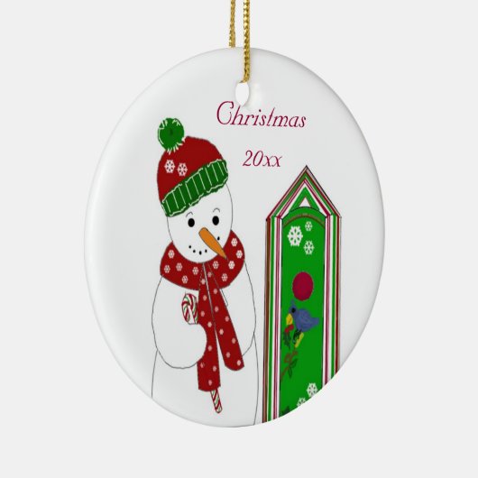 Jolly Snowman en Bird House Keramisch Ornament (Rechts)