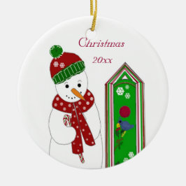 Jolly Snowman en Bird House Keramisch Ornament