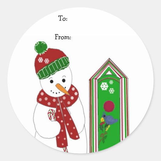 Jolly Snowman en Bird House Ronde Sticker (Voorkant)