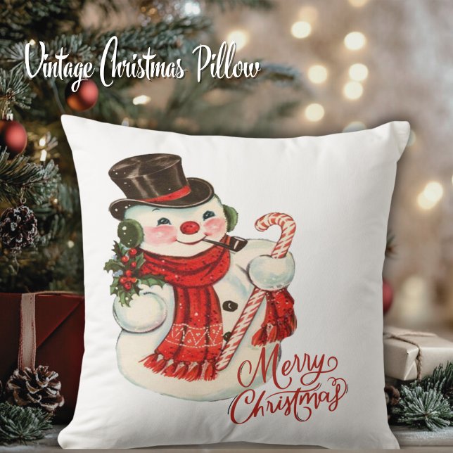  Jolly Snowman in Top Hat Merry Kerstmis Kussen (Vintage Jolly Snowman in Top Hat Merry Christmas Throw Pillow)