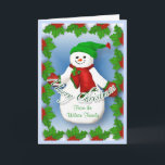 Jolly Snowman-kerstkaart Feestdagen Kaart<br><div class="desc">Jolly frosty sneeuwman met rode sjaal en mittens en groen pet zal een glimlach brengen tijdens de feestdagen. De heilige rand en de blauwe achtergrond voegen toe aan het vrolijke kerstjuk van dit unieke wenskaart. Voeg uw familienaam toe aan de voorzijde van de kaart en het omgekeerde binnenste kan in...</div>
