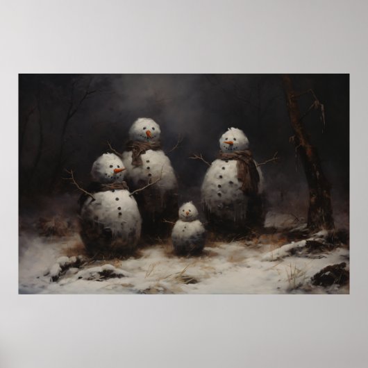 Jolly Snowmen Familie In Donker Bos Poster (Voorkant)