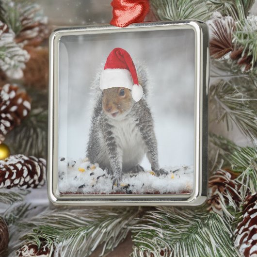 Jolly Squirrel with Santa Hat Square Ornament