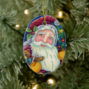 JOLLY ST NICK & TEDDYBEAR, OUDERWETSE KERST KERAMISCH ORNAMENT