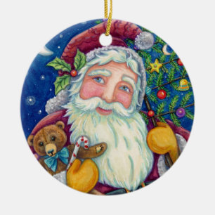 JOLLY ST NICK & TEDDYBEAR, OUDERWETSE KERST KERAMISCH ORNAMENT