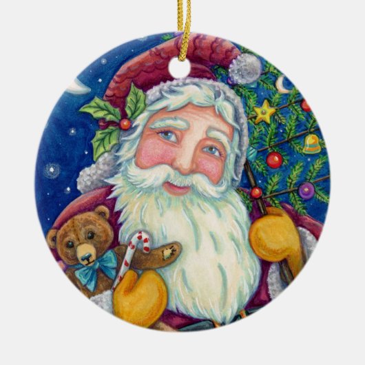 JOLLY ST NICK & TEDDYBEAR, OUDERWETSE KERST KERAMISCH ORNAMENT (Voorkant)