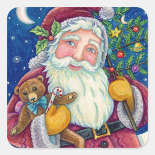 JOLLY ST NICK & TEDDYBEAR, OUDERWETSE KERST VIERKANTE STICKER