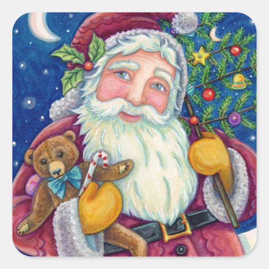 JOLLY ST NICK & TEDDYBEAR, OUDERWETSE KERST VIERKANTE STICKER (Voorkant)