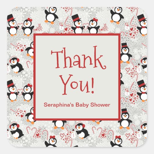 Jolly Winter Penguins Baby shower Hartelijk dank Vierkante Sticker (Voorkant)