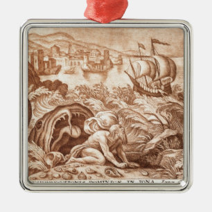 Jonah en de walvis, illustratie uit een Bijbel, en Metalen Ornament