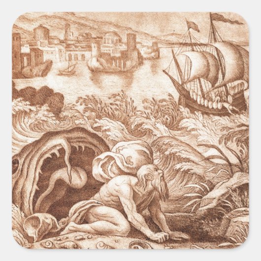 Jonah en de walvis, illustratie uit een Bijbel, en Vierkante Sticker (Voorkant)