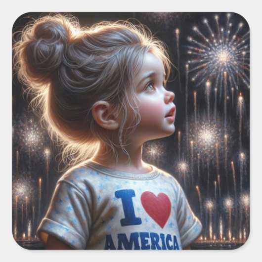 Jong Amerikaans meisje kijken vuurwerk Vierkante Sticker (Voorkant)