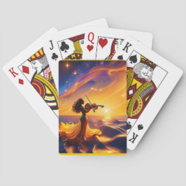 Jong Aziatisch meisje speelt viool surrealistische Pokerkaarten