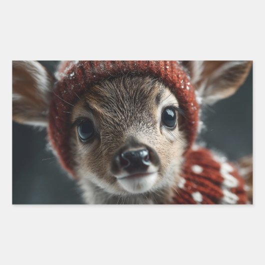 Jong hert in gebreide muts en sjaal rechthoekige sticker (Voorkant)