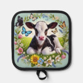 Jong kalf met bloemenkrans en vlinders pannenlap (Voorkant)