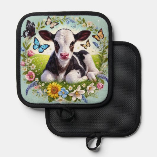 Jong kalf met bloemenkrans en vlinders pannenlap (Voorkant / Achterkant)