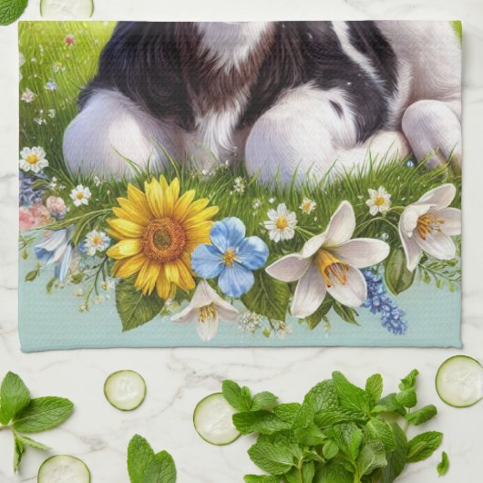 Jong kalf met bloemenkrans en vlinders theedoek (Gevouwen)