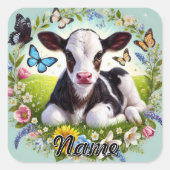 Jong kalf met bloemenkrans en vlinders vierkante sticker (Voorkant)