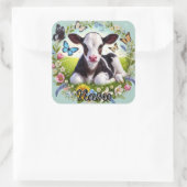 Jong kalf met bloemenkrans en vlinders vierkante sticker (Tas)