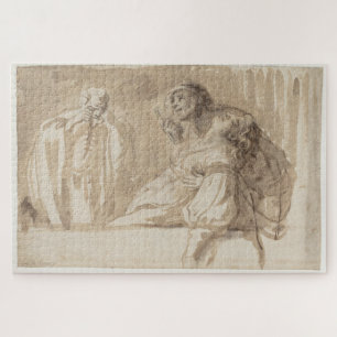 Jong man wijst omhoog, houdt vrouw bewusteloos legpuzzel