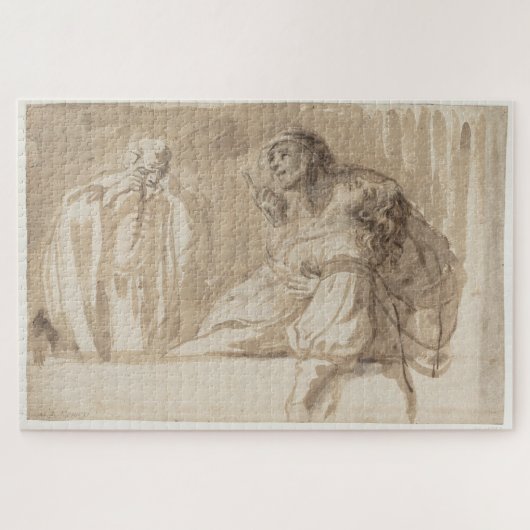 Jong man wijst omhoog, houdt vrouw bewusteloos legpuzzel (Horizontaal)