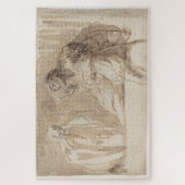 Jong man wijst omhoog, houdt vrouw bewusteloos legpuzzel (Verticaal)