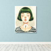 Jong meisje blaast paardenbloem met gesloten ogen canvas afdruk (Insitu (Houten vloer))