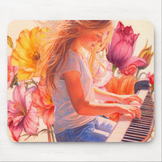 Jong meisje dat piano speelt in een bloementuin muismat