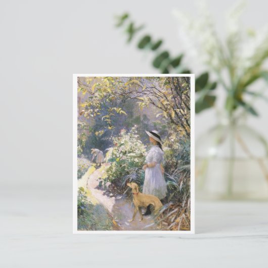 Jong meisje en haar windhond in de tuin Art Briefkaart (Staand voorkant)