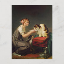 Jong meisje geeft melk aan haar kat kunst