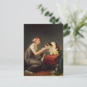 Jong meisje geeft melk aan haar kat kunst briefkaart (Staand voorkant)