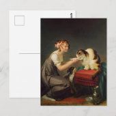 Jong meisje geeft melk aan haar kat kunst briefkaart (Voorkant / Achterkant)